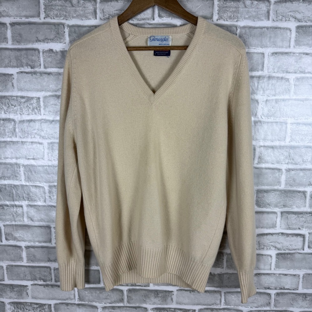 Gleneagles Mens Cashmere V-Neck Sweater Made in Scotland Cream Beige Size 44